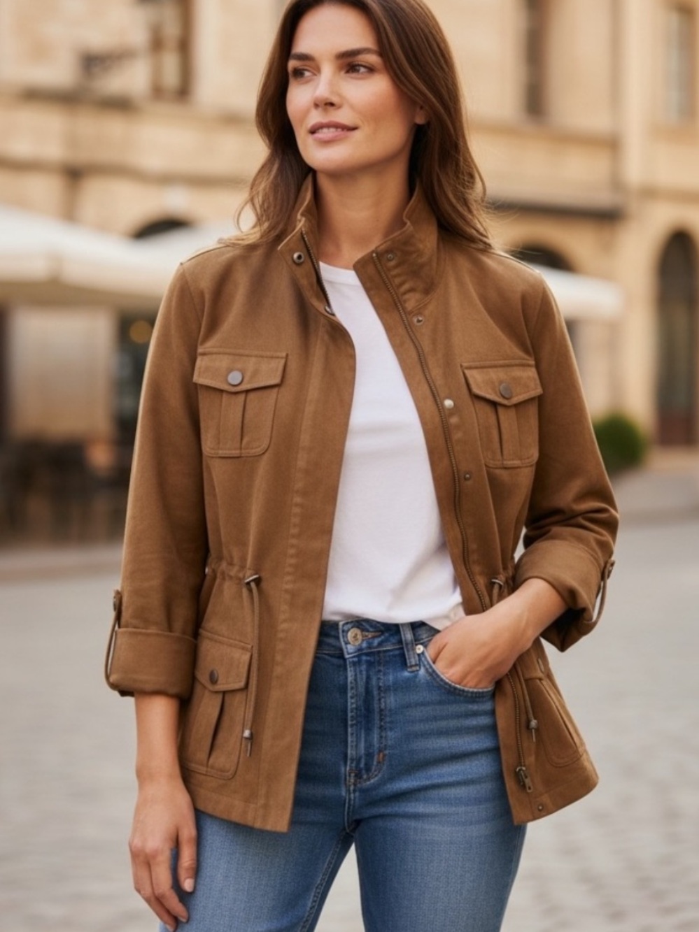 Chico’s Women's Tan Faux Suede Leather Utility Jacket